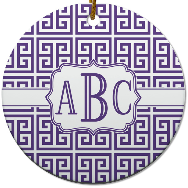 Custom Greek Key Round Ceramic Ornament w/ Monogram