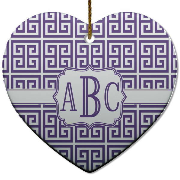 Custom Greek Key Heart Ceramic Ornament w/ Monogram