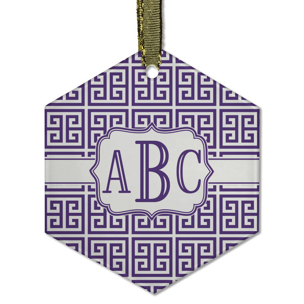 Custom Greek Key Flat Glass Ornament - Hexagon w/ Monogram