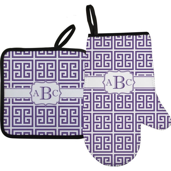 Custom Greek Key Oven Mitt & Pot Holder Set w/ Monogram