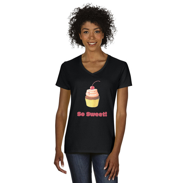 Custom Sweet Cupcakes Women's V-Neck T-Shirt - Black - Medium (Personalized)