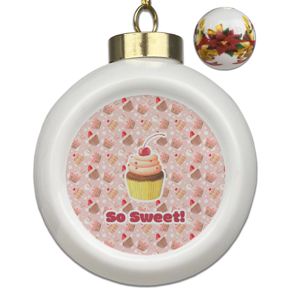 Custom Sweet Cupcakes Ceramic Ball Ornaments - Poinsettia Garland (Personalized)