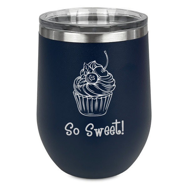 Custom Sweet Cupcakes Stemless Stainless Steel Wine Tumbler - Navy - Double Sided (Personalized)