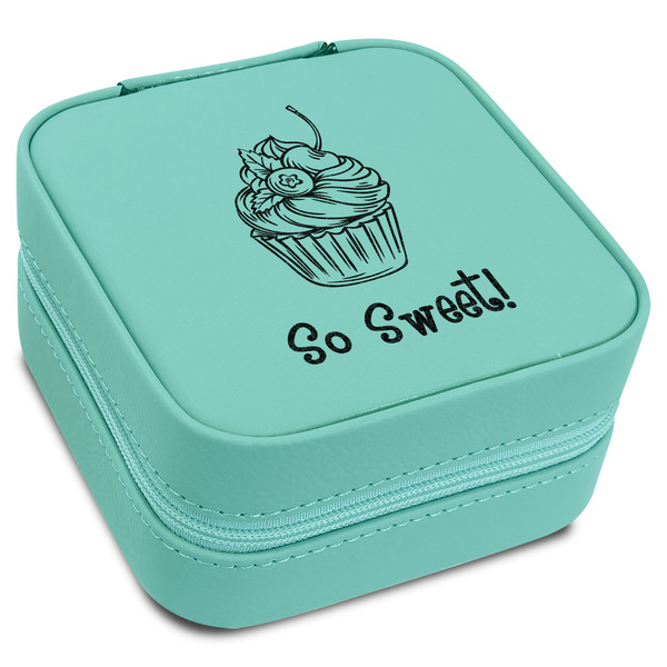 Custom Sweet Cupcakes Travel Jewelry Box - Teal Leather (Personalized)