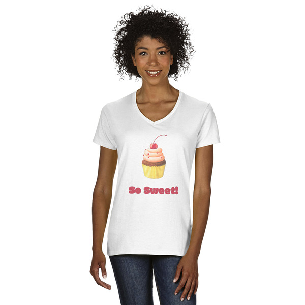 Custom Sweet Cupcakes Women's V-Neck T-Shirt - White - Large (Personalized)