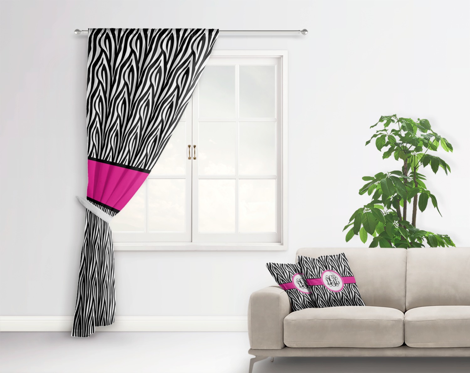 Custom Zebra Print Curtain YouCustomizeIt   Zebra Print Curtain With Window And Rod In Room Matching Pillow 