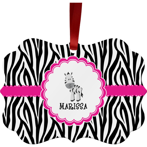 Custom Zebra Metal Frame Ornament - Double Sided w/ Name or Text