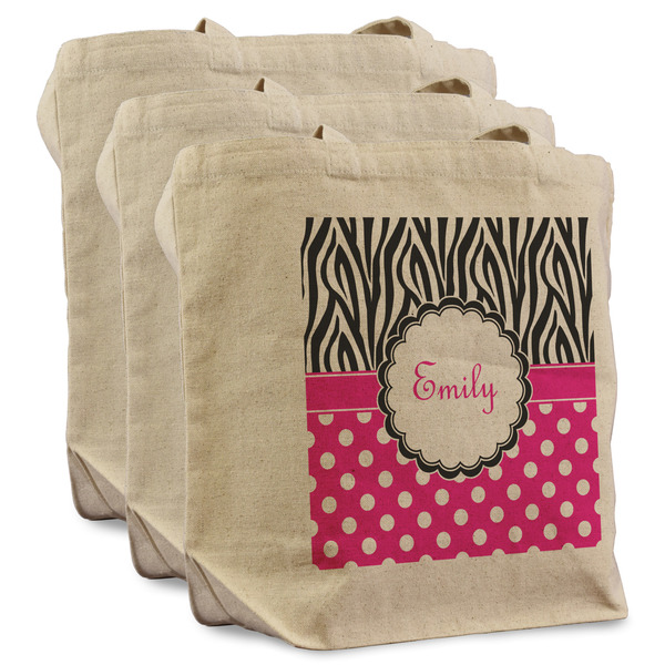 Custom Zebra Print & Polka Dots Reusable Cotton Grocery Bags - Set of 3 (Personalized)