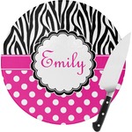 Zebra Print & Polka Dots Round Glass Cutting Board - Small (Personalized)