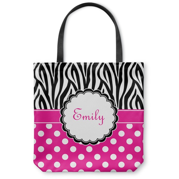 Custom Zebra Print & Polka Dots Canvas Tote Bag - Large - 18"x18" (Personalized)