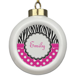 Zebra Print & Polka Dots Ceramic Ball Ornament (Personalized)