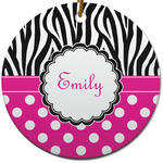 Zebra Print & Polka Dots Round Ceramic Ornament w/ Name or Text