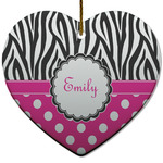 Zebra Print & Polka Dots Heart Ceramic Ornament w/ Name or Text