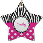 Zebra Print & Polka Dots Star Ceramic Ornament w/ Name or Text