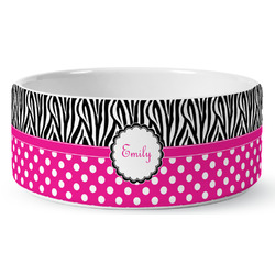 Zebra Print & Polka Dots Ceramic Dog Bowl - Medium (Personalized)