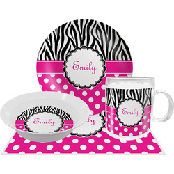 Zebra Print & Polka Dots Dinner Set - Single 4 Pc Setting w/ Name or Text