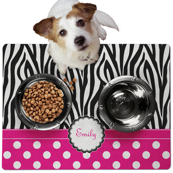 Custom Zebra Print & Polka Dots Dog Food Mat - Medium w/ Name or Text