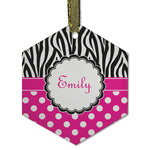 Zebra Print & Polka Dots Flat Glass Ornament - Hexagon w/ Name or Text