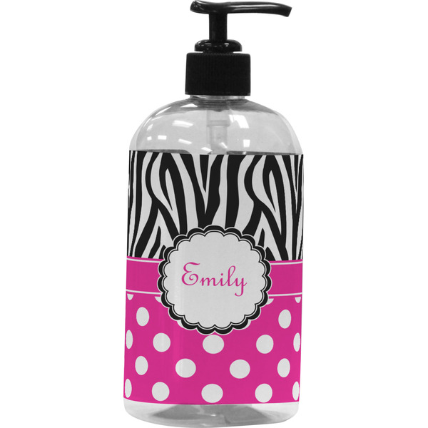 Custom Zebra Print & Polka Dots Plastic Soap / Lotion Dispenser (16 oz - Large - Black) (Personalized)