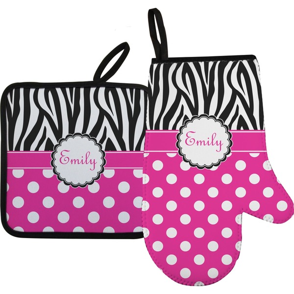 Custom Zebra Print & Polka Dots Right Oven Mitt & Pot Holder Set w/ Name or Text