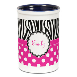 Zebra Print & Polka Dots Ceramic Pencil Holders - Blue