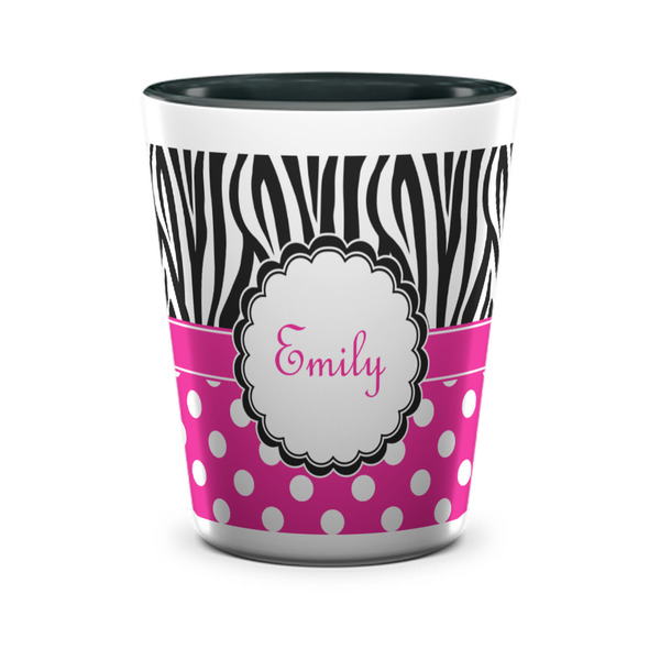 Custom Zebra Print & Polka Dots Ceramic Shot Glass - 1.5 oz - Two Tone - Set of 4 (Personalized)