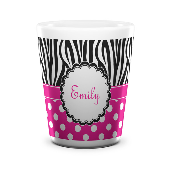 Custom Zebra Print & Polka Dots Ceramic Shot Glass - 1.5 oz - White - Set of 4 (Personalized)