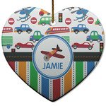 Transportation & Stripes Heart Ceramic Ornament w/ Name or Text