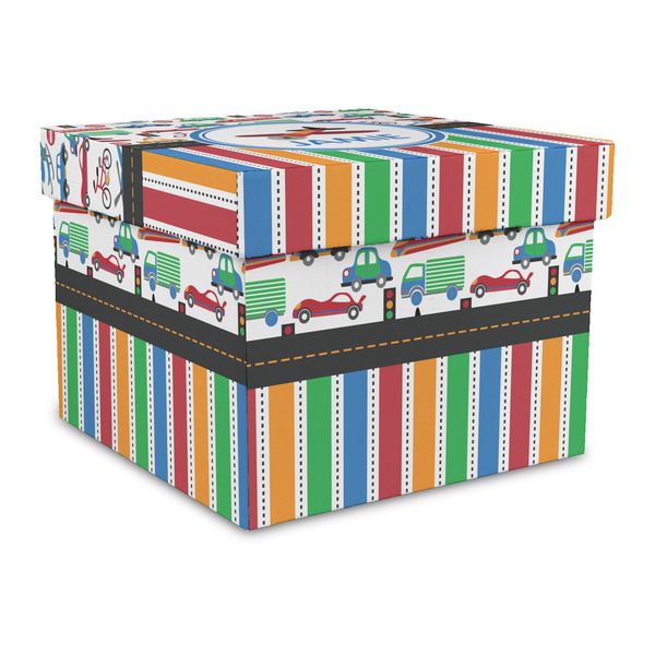 Custom Transportation & Stripes Gift Box with Lid - Canvas Wrapped - Large (Personalized)