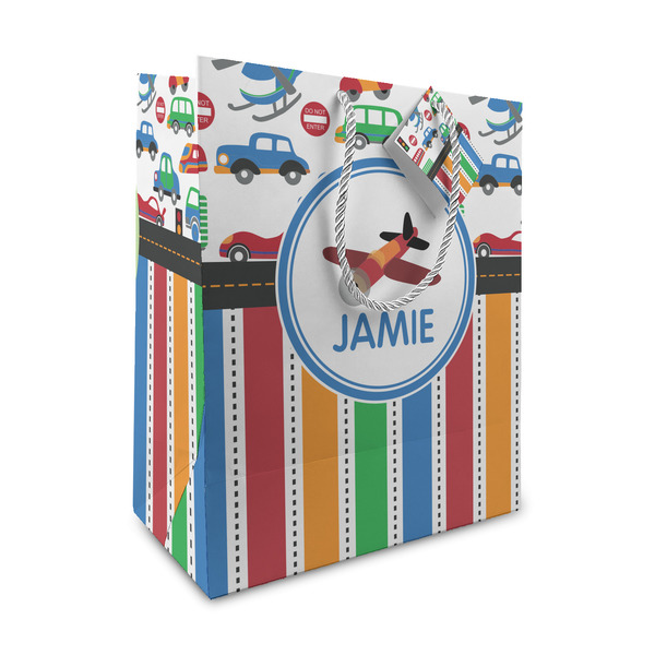 Custom Transportation & Stripes Medium Gift Bag (Personalized)