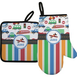 Transportation & Stripes Right Oven Mitt & Pot Holder Set w/ Name or Text