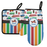 Transportation & Stripes Left Oven Mitt & Pot Holder Set w/ Name or Text