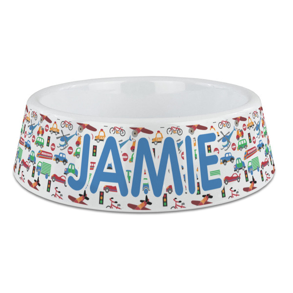 Custom Transportation & Stripes Plastic Dog Bowl - Large (Personalized)