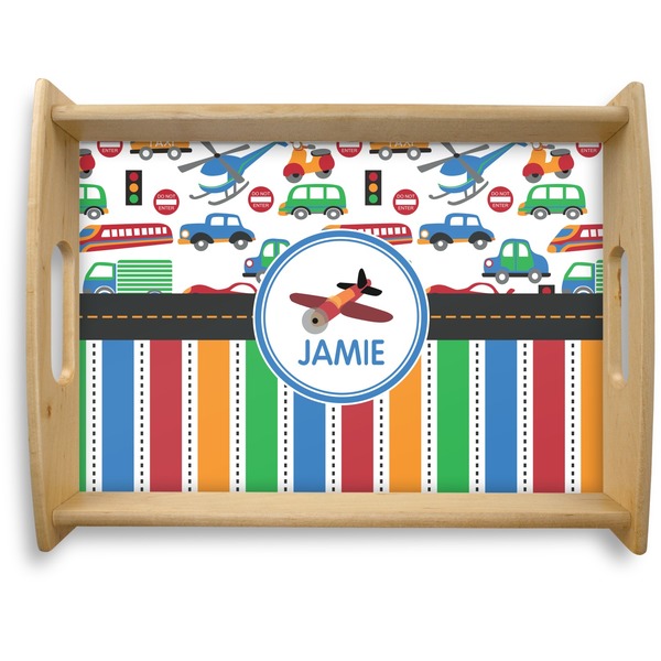 Custom Transportation & Stripes Natural Wooden Tray - Large (Personalized)