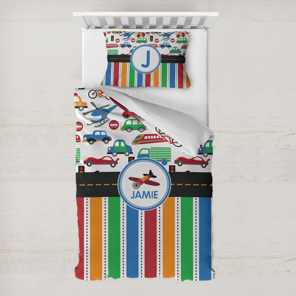 Custom Transportation & Stripes Toddler Bedding w/ Name or Text