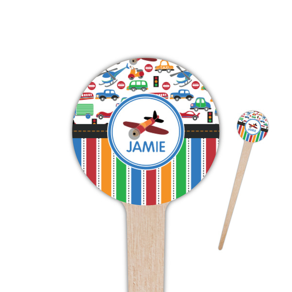 Custom Transportation & Stripes 4" Round Wooden Food Picks - Double Sided (Personalized)