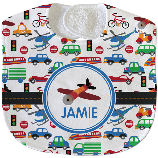 Custom Transportation Velour Baby Bib w/ Name or Text