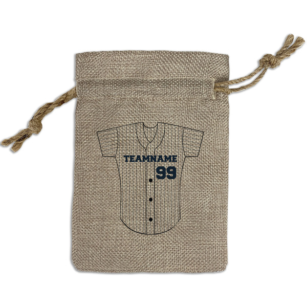 Custom Baseball Jersey Small Burlap Gift Bag - Front (Personalized)