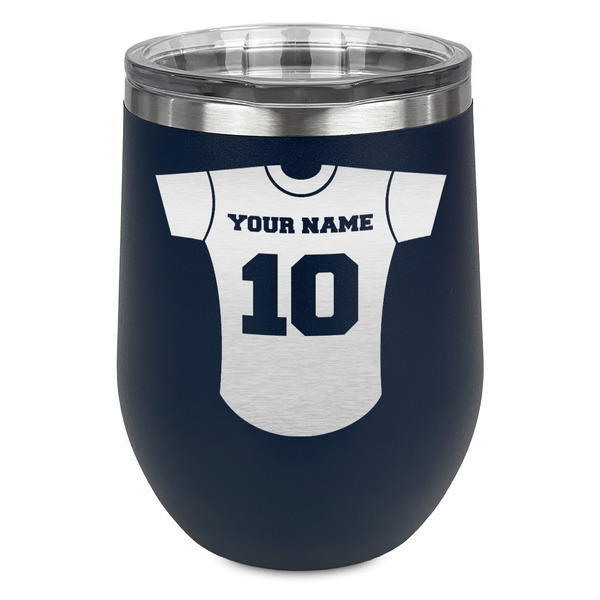 Custom Baseball Jersey Stemless Stainless Steel Wine Tumbler - Navy - Single Sided (Personalized)