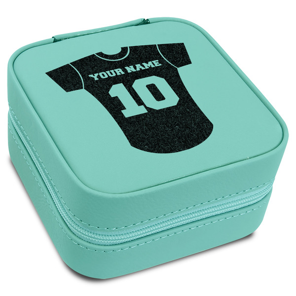 Custom Baseball Jersey Travel Jewelry Box - Teal Leather (Personalized)