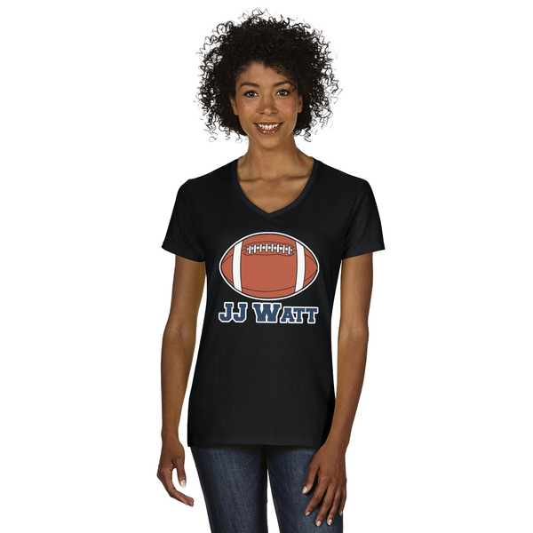 Custom Football Jersey Women's V-Neck T-Shirt - Black - Medium (Personalized)