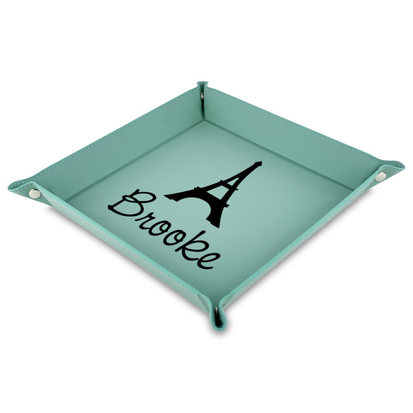 Custom Eiffel Tower Faux Leather Dice Tray - 9" x 9"  - Teal (Personalized)