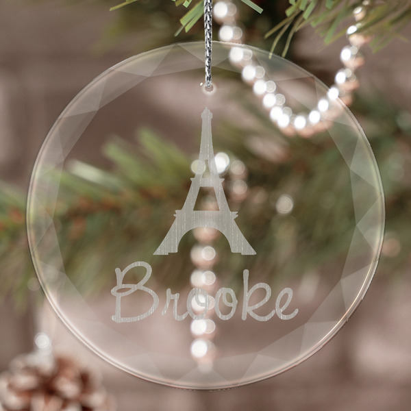 Custom Eiffel Tower Engraved Glass Ornament (Personalized)