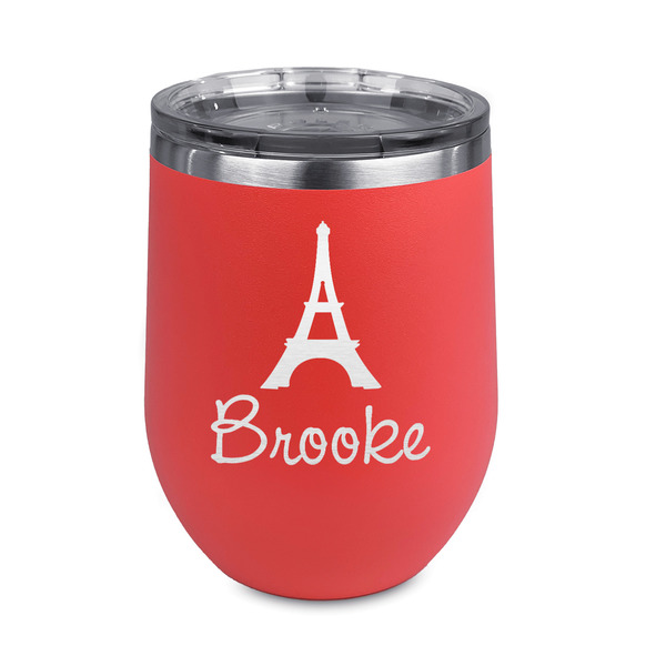 Custom Eiffel Tower Stemless Stainless Steel Wine Tumbler - Coral - Double Sided (Personalized)