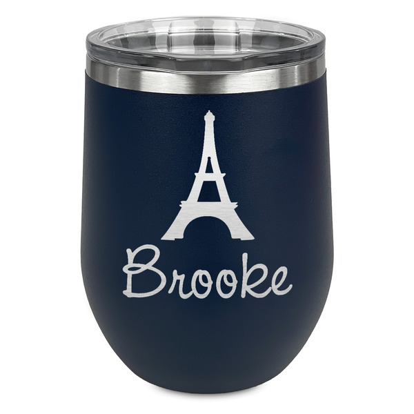 Custom Eiffel Tower Stemless Stainless Steel Wine Tumbler - Navy - Double Sided (Personalized)