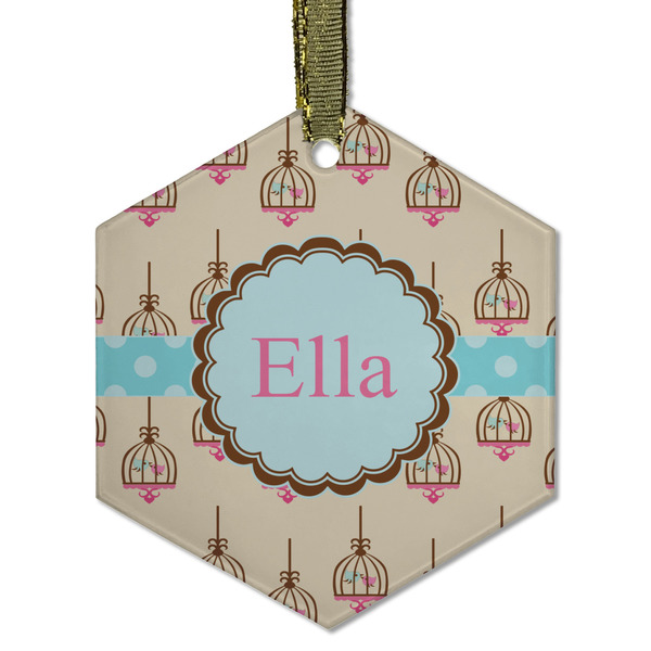 Custom Kissing Birds Flat Glass Ornament - Hexagon w/ Name or Text