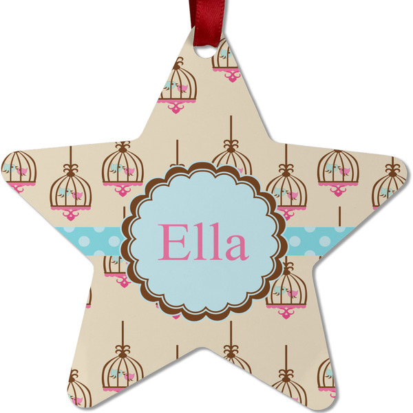 Custom Kissing Birds Metal Star Ornament - Double Sided w/ Name or Text