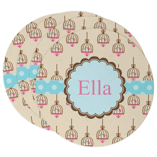 Custom Kissing Birds Round Paper Coasters w/ Name or Text