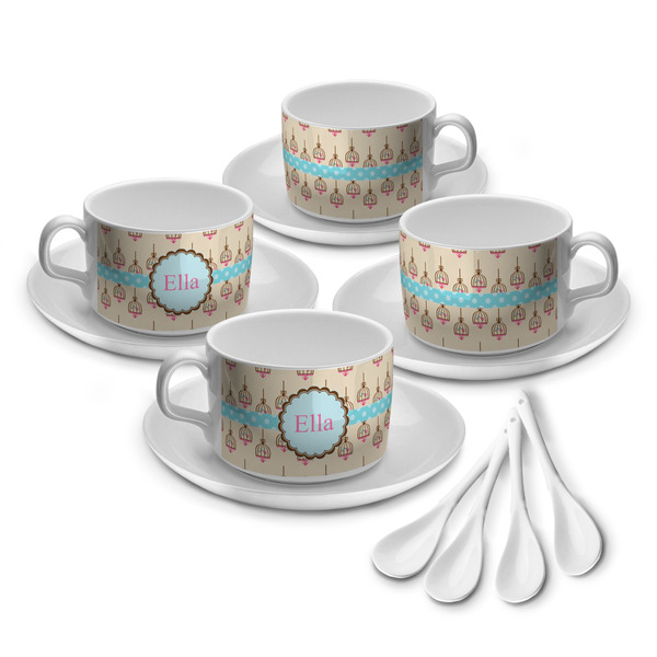 Custom Kissing Birds Tea Cup - Set of 4 (Personalized)