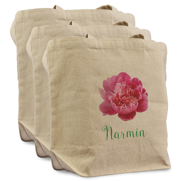 Custom Watercolor Peonies Reusable Cotton Grocery Bags - Set of 3 (Personalized)